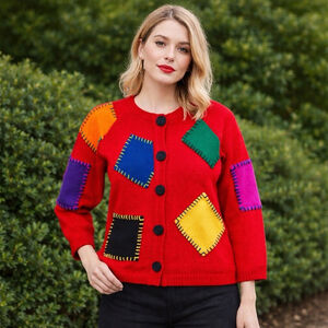 Michael Simon VTG Red Patchwork Cardigan OS M-L Whipstitch Applique Knit Sweater